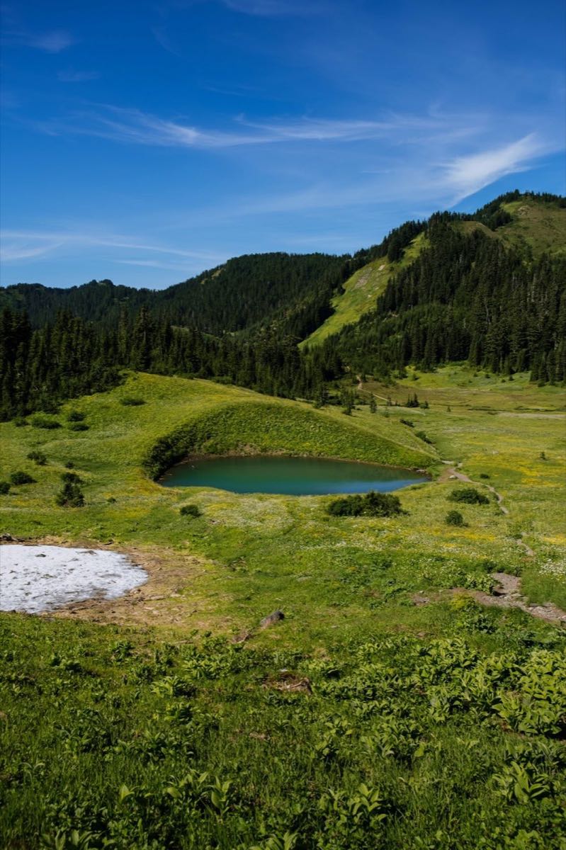 Small turquoise tarn in green subalpine meadows with a lingering snow patch